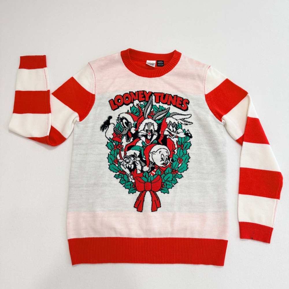 Vintage Looney Tunes Christmas Sweater Unisex‎ Medium Red White